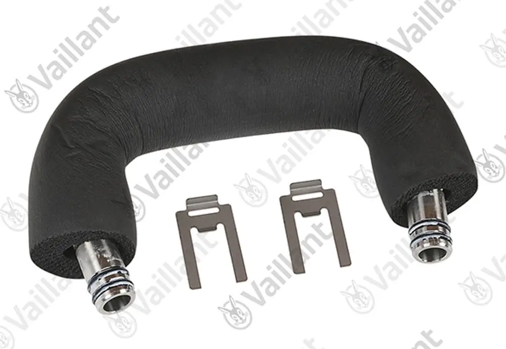 Vaillant Schlauch mit gebogenem Design und zwei Halterungen, geeignet für Heizungsinstallationen.